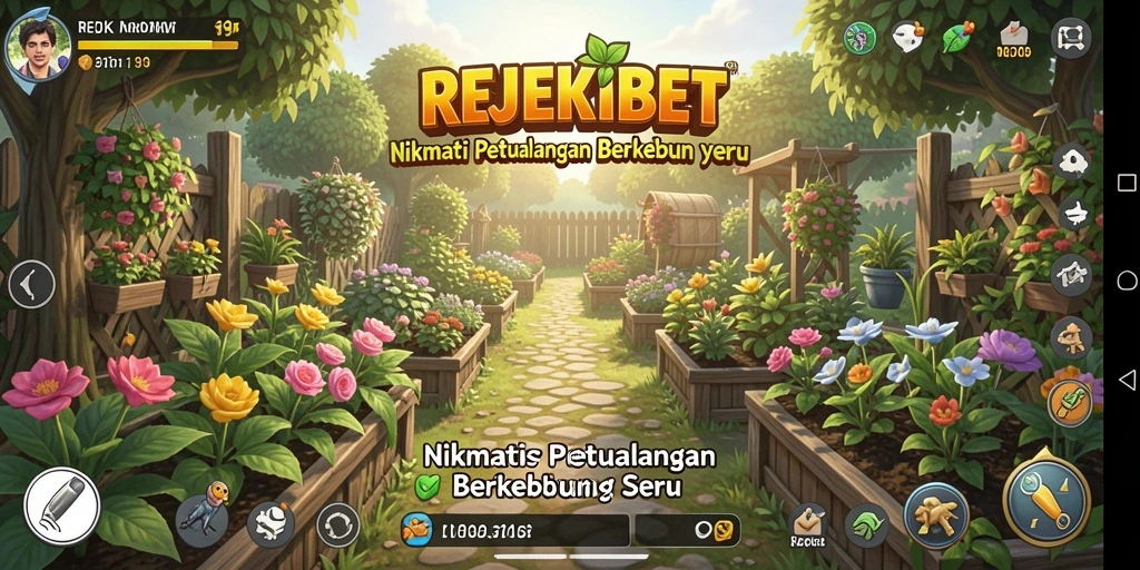 Screenshot gameplay REJEKIBET menampilkan kebun yang penuh warna.